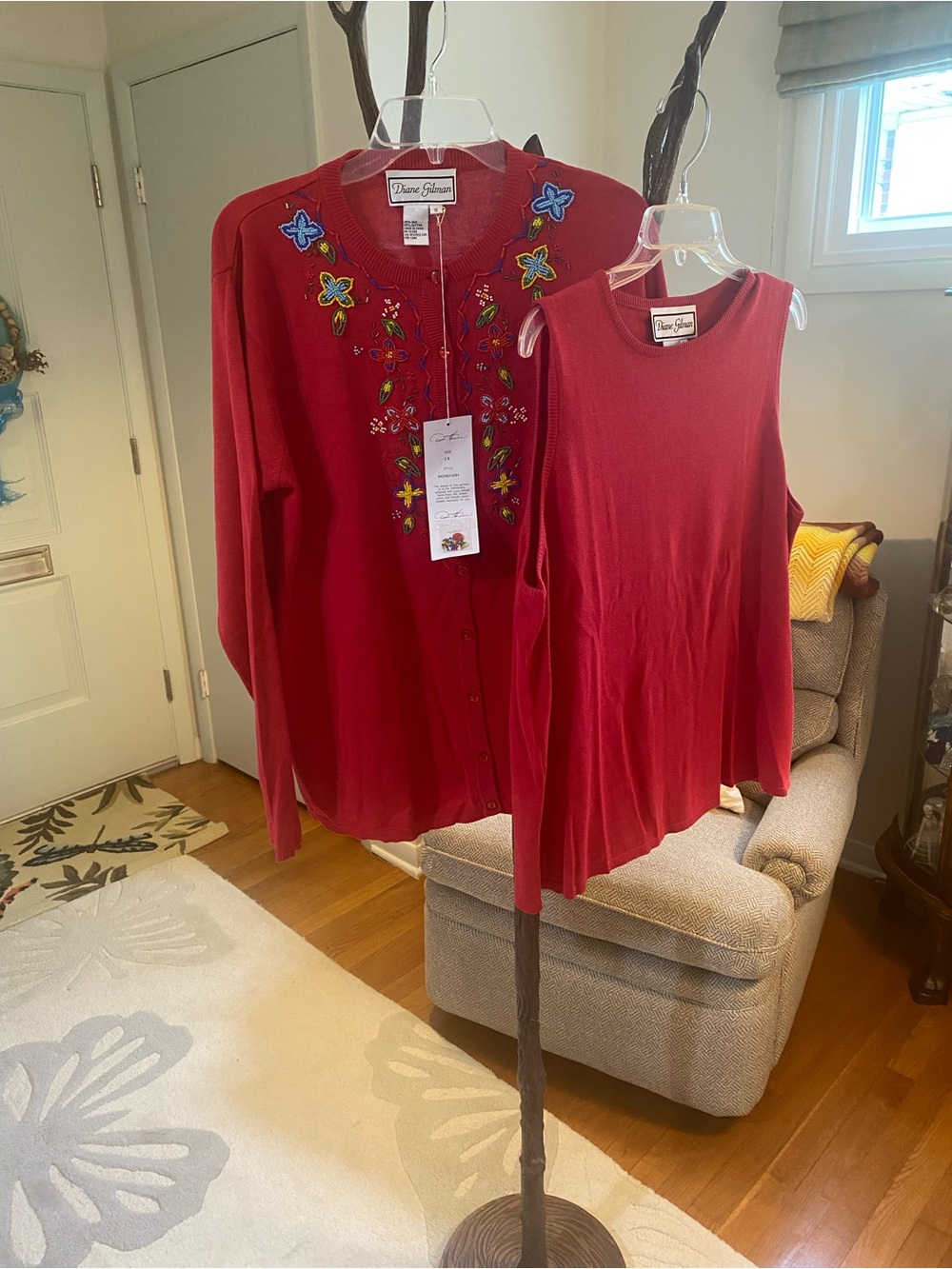 Diane Gilman Crimson Embroidered Cardigan and Tank Set